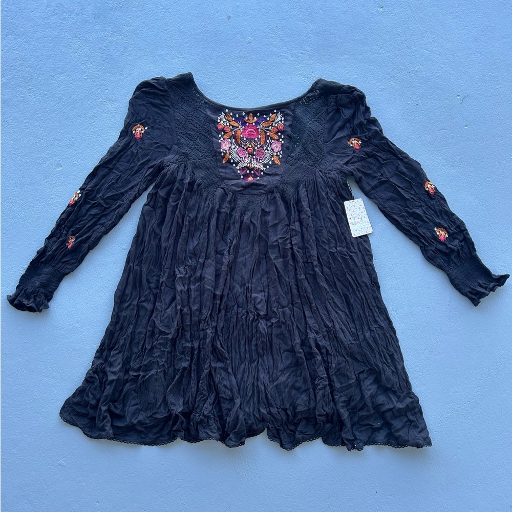 Free People Black Mini Dress with Pink and Red Embroidery